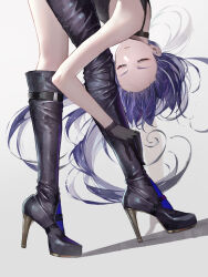 Rule 34 | 1girl, absurdres, acheron (honkai: star rail), asymmetrical footwear, bare arms, bare shoulders, black footwear, black gloves, boots, closed eyes, commentary request, gloves, hidulume, high heel boots, high heels, highres, honkai: star rail, honkai (series), purple hair, solo, standing