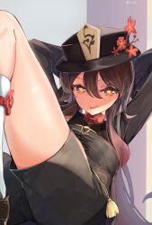 Rule 34 | 1girl, :p, absurdres, arms behind head, black coat, black footwear, black hat, black shorts, black sleeves, brown hair, chinese clothes, coat, collared coat, feet out of frame, flower, flower-shaped pupils, genshin impact, hair between eyes, hat, hat flower, highres, hooriyuu, hu tao (genshin impact), long hair, long sleeves, looking at viewer, plum blossoms, porkpie hat, reclining, red eyes, short shorts, shorts, sidelocks, simple background, socks, solo, symbol-shaped pupils, tassel, thighs, tongue, tongue out, twitter username, white socks