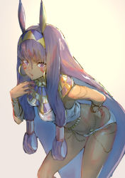 Rule 34 | 1girl, absurdres, animal ears, bangle, bare shoulders, belly chain, big hair, blunt bangs, bracelet, breasts, commentary request, cowboy shot, dark-skinned female, dark skin, earrings, egyptian, egyptian clothes, eyelashes, facepaint, facial mark, fate/grand order, fate (series), gold, hair ornament, hair rings, hair tubes, hairband, hand on own hip, hand on own chest, hand up, highres, hoop earrings, jewelry, lace-up, leaning forward, long hair, looking at viewer, low-tied long hair, medium breasts, navel, nitocris (fate), open mouth, panties, pelvic curtain, purple eyes, purple hair, revealing clothes, rolua, sidelocks, solo, standing, underwear, very long hair, white panties