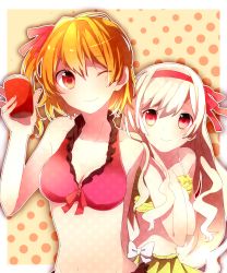 Rule 34 | 2girls, ;), arm behind back, bad id, bad pixiv id, bikini, bow, breasts, brown hair, can, cleavage, hair bow, hair ribbon, hairband, hands on own chest, highres, holding, kagerou project, kisaragi momo, kozakura marry, light brown hair, long hair, looking at viewer, multiple girls, navel, one eye closed, pleated skirt, polka dot, polka dot background, red eyes, ribbon, short hair, skirt, small breasts, smile, swimsuit, tokiwa (io)