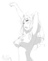 Rule 34 | 1girl, ahoge, armpits, arms up, artist name, blush, breasts, collarbone, commentary, dated, greyscale, highres, long hair, medium breasts, monochrome, nipples, nude, open mouth, original, outstretched arm, signature, solo, stretching, tabata hisayuki, teeth, upper body, waking up, yawning