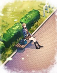 Rule 34 | 1girl, anniversary, bench, black footwear, black socks, blazer, blonde hair, blue jacket, brown skirt, can, collared shirt, copyright name, dated, drink can, english text, grass, heaven burns red, holding, holding can, jacket, kanya (asa yake01), kayamori ruka, kneehighs, loafers, long sleeves, looking up, narvy (heaven burns red), necktie, on bench, open clothes, open jacket, outdoors, pavement, plaid, plaid skirt, pleated skirt, red eyes, red necktie, road, shirt, shoes, short hair, sitting, skirt, sleeve cuffs, socks, solo, street, white shirt, wooden bench