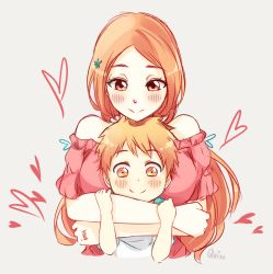Rule 34 | 1boy, 1girl, bare shoulders, bleach, bleach: epilogue, blush, breasts, brown eyes, dress, hair ornament, hairclip, hetero, hug, hug from behind, inoue orihime, jewelry, kurosaki kazui, large breasts, long hair, mature female, mother and son, orange hair, quiss, ring, signature, smile, spoilers, strapless, strapless dress, wedding band