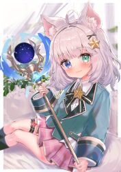 Rule 34 | 1girl, :3, absurdres, ahoge, animal ears, black socks, blue eyes, closed mouth, commentary request, commission, feet out of frame, green eyes, green jacket, grey hair, hair ornament, heterochromia, highres, holding, holding staff, jacket, long sleeves, looking at viewer, medium hair, original, pink skirt, pleated skirt, sitting, skeb commission, skirt, smile, socks, solo, staff, star (symbol), star hair ornament, tito (osakanakana0 0), x hair ornament