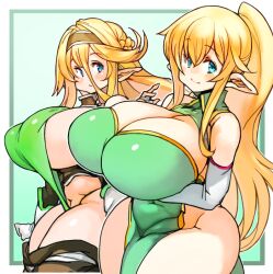 Rule 34 | 2girls, blonde hair, blue eyes, breasts, cleavage, collaboration, covered navel, cowboy shot, dress, ears down, elbow gloves, elf, fairy (sao), female focus, fingerless gloves, gloves, green background, green dress, hair between eyes, head tilt, huge breasts, leafa, long hair, looking at viewer, multiple girls, no bra, no panties, original, plump, pointy ears, ponytail, sachito, shiny clothes, shiny skin, sideboob, skindentation, smile, standing, suhey345, sword art online, thick thighs, thighs, very long hair, white gloves, wide hips