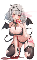 Rule 34 | 1girl, bat bra, bdsm, between breasts, bikini, black collar, black hair, black thighhighs, blunt bangs, blush, braid, breasts, collar, contrapposto, demon girl, demon tail, demon wings, dienot0, fang, french braid, garter straps, gluteal fold, grey hair, hair ornament, heart, heart-shaped pupils, heart o-ring, highres, holding, hololive, kneeling, large breasts, leash, leg tattoo, looking at viewer, love potion, medium hair, multicolored hair, navel, o-ring, o-ring legwear, open mouth, potion, red eyes, sakamata chloe, simple background, skin fang, skindentation, slave, solo, stomach, streaked hair, string bikini, sweatdrop, swimsuit, symbol-shaped pupils, tail, tattoo, thighhighs, torn clothes, torn thighhighs, virtual youtuber, white background, wings, x hair ornament