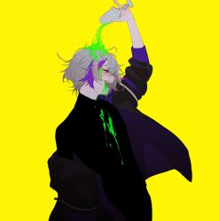 Rule 34 | 1boy, absurdres, black sweater, blush, champagne flute, cowboy shot, cup, drinking glass, dripping, facing away, fangs, fuwa minato, highres, holding, holding cup, jacket, laughing, multicolored hair, nijisanji, off shoulder, pink hair, pouring, pouring onto self, profile, purple hair, purple jacket, rit3set, simple background, solo, streaked hair, sweater, turtleneck, turtleneck sweater, virtual youtuber, yellow background