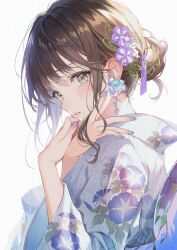 Rule 34 | 1girl, black nails, brown eyes, brown hair, character request, copyright request, crying, crying with eyes open, earrings, eyelashes, fingernails, floral print kimono, flower, hair between eyes, hair bun, hair flower, hair ornament, haru (hiyori-kohal), highres, japanese clothes, jewelry, kimono, long hair, long sleeves, looking at viewer, mole, mole under mouth, nail polish, original, own hands together, parted lips, pink lips, purple flower, purple nails, sidelocks, simple background, single earring, single hair bun, solo, teardrop, tears, traditional clothes, upper body, white background, wide sleeves