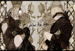 Rule 34 | 1boy, 1girl, ass, backless dress, backless outfit, blindfold, choker, closed mouth, copyright name, covered eyes, dress, from side, greyscale, hairband, headband, highres, hiranko, leotard, monochrome, nier (series), nier:automata, pod (nier:automata), robot, short hair, sitting, sword, thighhighs, weapon, white hair, white leotard, 2b (nier:automata), 9s (nier:automata)