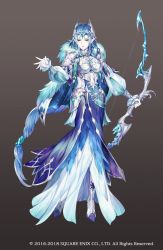 Rule 34 | 1girl, armor, armored boots, armored dress, blue eyes, blue hair, boots, bow (weapon), brown background, colored skin, copyright notice, dress, full body, gradient background, grimms notes, long hair, nemusuke, official art, open mouth, snow queen (grimms notes), weapon, white skin
