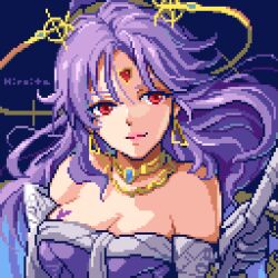 Rule 34 | 1girl, blue background, breasts, celine jules, cleavage, closed mouth, elbow gloves, forehead jewel, gloves, gold necklace, grey gloves, hiroita, holding, jewelry, large breasts, looking to the side, lowres, necklace, pixel art, purple hair, purple shirt, red eyes, shirt, signature, smile, solo, star ocean, star ocean the second story, upper body