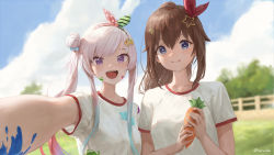 Rule 34 | 2girls, :d, airani iofifteen, blue bow, blue eyes, blue sky, bow, breasts, brown hair, carrot, cloud, day, fence, food, grass, gym uniform, hair between eyes, hair bow, hair ornament, hairband, high ponytail, highres, holding, holding food, hololive, hololive indonesia, light blush, long hair, looking at viewer, medium breasts, multicolored hair, multiple girls, open mouth, outdoors, outstretched arm, paint, paint on clothes, paint splatter, paint splatter on face, purple eyes, selfie, shirt, short sleeves, side ponytail, sidelocks, signature, sky, smile, teeth, tokino sora, tree, twitter username, two-tone hair, upper teeth only, virtual youtuber, white shirt, zeradok