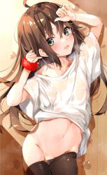 Rule 34 | 1girl, ahoge, bike shorts, brown hair, collarbone, covered erect nipples, flat chest, green eyes, groin, hair down, highres, looking at viewer, lying, midriff, navel, no bra, on back, on floor, open mouth, original, red scrunchie, scrunchie, see-through, shirt, smile, stomach, sweat, wet, wet clothes, wet shirt, yanagi yuu