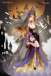 Rule 34 | 1girl, black choker, black dress, black footwear, breasts, bridal gauntlets, brown eyes, character name, choker, cleavage, commission, copyright name, detached sleeves, diadem, dress, dywx poison, floating hair, full body, grey sleeves, halloween, halloween costume, high heels, highres, large breasts, long hair, long sleeves, looking at viewer, nami (one piece), one piece, open mouth, orange hair, pumps, purple ribbon, ribbon, sarashi, side slit, solo, standing, standing on one leg, straight hair, strapless, strapless dress, thigh strap, veil, very long hair, watermark