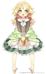 Rule 34 | 1girl, apron, barefoot, blonde hair, bread, btoor, cosette (sid story), dress, eating, flower, food, full body, green eyes, hair flower, hair ornament, long hair, original, scar, sid story, simple background, solo, toes, twintails, white background