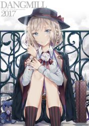 Rule 34 | 1girl, 2017, :/, artist name, bad id, bad pixiv id, black hat, black shorts, black socks, blazer, blonde hair, blue eyes, blush, boater hat, braid, briefcase, cigarette, city, closed mouth, collared shirt, commentary, dangmill, flower, hat, holding, holding cigarette, jacket, jacket on shoulders, jewelry, kneehighs, knees up, legs together, looking at viewer, nail polish, original, outdoors, railing, red nails, red socks, ring, rose, shirt, short hair, shorts, sitting, socks, solo, striped clothes, striped socks, stuffed animal, stuffed toy, teddy bear, vertical-striped clothes, vertical-striped socks, victorian, watch, white flower, white rose, white shirt, wristwatch