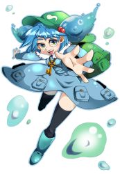 Rule 34 | 1girl, backpack, bag, baseball cap, black thighhighs, blue eyes, blue footwear, blue hair, boots, dress, female focus, foreshortening, full body, green eyes, happy, hat, kawashiro nitori, key, knee boots, matching hair/eyes, multicolored eyes, outstretched hand, panman, randoseru, short hair, short twintails, solo, thighhighs, thighhighs under boots, touhou, transparent background, twintails, two side up, water