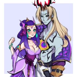 Rule 34 | 1boy, 1girl, bare shoulders, belt, black belt, black sclera, blonde hair, blue background, blush, bracelet, breasts, choker, cleavage, collarbone, colored sclera, colored skin, green eyes, grey skin, ibkio chan, jewelry, large breasts, league of legends, long hair, long sleeves, nami (league of legends), pants, purple hair, short sleeves, single bare shoulder, smile, soul fighter viego, splendid staff nami, third eye on chest, viego (league of legends), white background, white pants