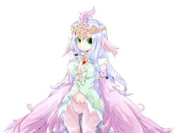 Rule 34 | 1girl, animal ears, armlet, bird ears, bird legs, bird tail, bmp-to-png conversion, breasts, cleavage, crown, dress, eyeshadow, feathered wings, feathers, green dress, green eyes, harpy, large breasts, long hair, looking at viewer, lucretia (mon-musu quest!), makeup, mon-musu quest!, monster girl, non-web source, pink eyeshadow, pink feathers, pink wings, purple feathers, purple hair, single hair tube, smile, solo, tail, transparent background, very long hair, winged arms, wings