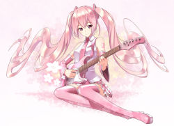Rule 34 | 1girl, boots, detached sleeves, electric guitar, fame peera, full body, guitar, hatsune miku, instrument, long hair, necktie, pink eyes, pink footwear, pink hair, pink thighhighs, sakura miku, sitting, skirt, smile, solo, thigh boots, thighhighs, twintails, very long hair, vocaloid