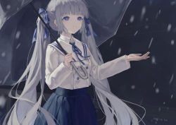 Rule 34 | 1girl, absurdres, blue eyes, blunt bangs, daichengqi, grey hair, hair ribbon, highres, holding, holding umbrella, long hair, long sleeves, looking up, original, outstretched arm, parted lips, rain, ribbon, school uniform, skirt, smile, solo, twintails, umbrella, very long hair