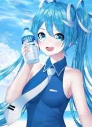 Rule 34 | 1girl, :d, alternate costume, artist name, bare arms, bare shoulders, blue eyes, blue hair, blue shirt, blue sky, blue theme, blush, bottle, breasts, cloud, collarbone, collared shirt, commentary, day, grey necktie, grey ribbon, hair ribbon, hatsune miku, highres, holding, holding bottle, looking at viewer, necktie, open mouth, outdoors, pocari sweat, ribbon, shirt, sky, sleeveless, sleeveless shirt, small breasts, smile, solo, sparkling eyes, upper body, vocaloid, water bottle, zakusey