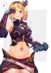 Rule 34 | 1boy, 1girl, arm guards, arm up, armor, artist name, bare shoulders, belt, blonde hair, blue gloves, blush, breasts, brown eyes, cleavage, cleavage cutout, clothing cutout, commentary, cowboy shot, crop top, disembodied hand, djeeta (granblue fantasy), elbow gloves, english commentary, faulds, gloves, gran (granblue fantasy), granblue fantasy, grey background, hair between eyes, hair ornament, hairband, highres, kani fish, medium breasts, medium hair, motion lines, navel, one eye closed, open mouth, purple gloves, purple hairband, red shorts, short hair, short shorts, shorts, simple background, sleeveless, solo focus, stomach, sweat