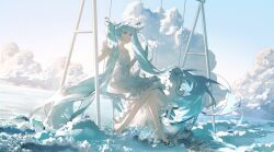 Rule 34 | 1girl, cloud, cloudy sky, dress, glutton (18152740927lx), hatsune miku, highres, ocean, scenery, sitting, sky, solo, swing, twintails, vocaloid, white dress