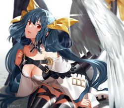 Rule 34 | 1girl, adapted costume, angel wings, arc system works, asymmetrical wings, bare shoulders, black thighhighs, blue hair, blurry, blurry background, blush, bow, breasts, cleavage, clenched hand, commentary request, cross-laced clothes, cross-laced legwear, detached collar, detached sleeves, dizzy (guilty gear), female focus, guilty gear, guilty gear xrd, hair between eyes, hair bow, hair rings, hand up, head back, high heels, kyo zip, large breasts, long hair, looking at viewer, neck, open mouth, red eyes, revealing clothes, shade, sitting, solo, thigh strap, thighhighs, twintails, very long hair, wariza, white detached sleeves, white footwear, wide sleeves, wings, yellow bow