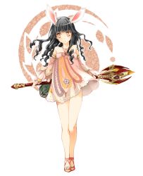 Rule 34 | 1girl, animal ears, bad id, bad pixiv id, bare legs, bare shoulders, black hair, curly hair, detached sleeves, dress, drill hair, elin, highres, legs, long hair, sandals, shizaki asuka, simple background, solo, staff, tera online, white background