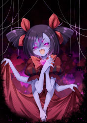Rule 34 | 1girl, :d, arthropod girl, bare arms, blush, bow, bowtie, bright pupils, bug, colored skin, commentary request, dress, extra arms, extra eyes, fangs, gradient background, hair ribbon, heart, highres, looking at viewer, muffet, open mouth, own hands clasped, own hands together, pink eyes, puffy short sleeves, puffy sleeves, purple hair, purple skin, red bow, red bowtie, red dress, red ribbon, ribbon, shaded face, short sleeves, silk, skirt hold, smile, solo, spider, spider web, two side up, undertale, v arms, z.o.b