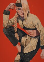 Rule 34 | 1boy, abs, arm on knee, asymmetrical bangs, asymmetrical hair, black nails, blonde hair, blue eyes, braid, chinese clothes, crossed legs, deidara (naruto), hair over one eye, highres, invisible chair, light smile, long hair, looking at viewer, male focus, midriff peek, muscular, muscular male, naruto, naruto (series), naruto shippuuden, navel, one eye covered, patterned clothing, red background, sitting, solo focus, subuta (butabutasubuta)