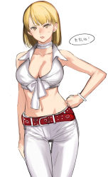 Rule 34 | 1girl, ashley graham, bare shoulders, belt, blonde hair, bob cut, bracelet, breasts, brown eyes, capcom, choker, cleavage, collared shirt, cowboy shot, hand on own hip, highres, jewelry, large breasts, looking at viewer, midriff, navel, official alternate costume, pants, parted lips, resident evil, resident evil 4, shirt, short hair, simple background, solo, sweatdrop, tetsu (kimuchi), thigh gap, tied shirt, translated, white background, white choker, white pants, white shirt