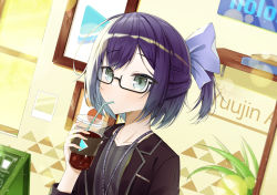Rule 34 | 1girl, a-chan (2nd costume) (hololive), a-chan (hololive), aqua eyes, black-framed eyewear, black jacket, blazer, blue bow, blue hair, blush, bow, cup, disposable cup, drinking, dutch angle, glasses, half updo, highres, holding, holding cup, hololive, jacket, lanyard, looking at viewer, ridario (eag0003), semi-rimless eyewear, short hair, short ponytail, solo, swept bangs, virtual youtuber