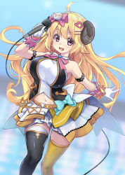 Rule 34 | 1girl, :d, ahoge, animal ears, armlet, asymmetrical legwear, bare shoulders, black thighhighs, blonde hair, bow, bow skirt, bowtie, breasts, gloves, hair ornament, hairclip, halterneck, holding, holding microphone, hololive, hololive idol uniform, horns, idol, kintarou (kintarou&#039;s room), large breasts, layered skirt, long hair, looking at viewer, microphone, miniskirt, mismatched legwear, navel, open mouth, pink bow, pink bowtie, purple eyes, sheep ears, sheep girl, sheep hair ornament, sheep horns, skirt, sleeveless, smile, solo, thighhighs, tsunomaki watame, unaligned breasts, very long hair, virtual youtuber, white gloves, white skirt, wrist cuffs, yellow thighhighs, zettai ryouiki