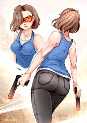 Rule 34 | 1girl, absurdres, ass, bare shoulders, blue eyes, breasts, brown hair, denim, dual wielding, finger on trigger, from behind, gun, hair over one eye, handgun, highres, holding, idle antics, jeans, jill valentine, large breasts, looking at viewer, orange-tinted eyewear, orange-tinted glasses, pants, parted lips, resident evil, resident evil 3, resident evil 3: nemesis, resident evil 3 (remake), shiny skin, shirt, short hair, solo, sunglasses, taut clothes, taut shirt, tinted eyewear, visor, weapon