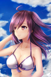 Rule 34 | 1girl, absurdres, ahoge, bikini, blue sky, breasts, cloud, day, front-tie bikini top, front-tie top, hagikaze (kancolle), highres, kantai collection, long hair, one side up, purple eyes, purple hair, seiya (iiseven), sky, small breasts, smile, solo, swimsuit, upper body, white bikini