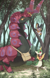 Rule 34 | animal focus, artist name, bag, bandana, black eyes, bright pupils, brown bag, bug, centipede, commentary request, creatures (company), dappled sunlight, day, emolga, fangs, forest, frown, full body, game freak, gen 5 pokemon, grass, highres, looking at another, looking at viewer, looking down, makoto ikemu, nature, nintendo, no humans, open mouth, outdoors, plant, pokemon, pokemon (creature), red bandana, red eyes, satchel, scolipede, servine, shadow, signature, smile, standing, sunlight, tree, white pupils, yellow bandana, yellow eyes