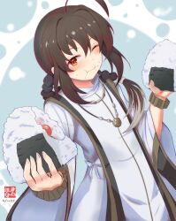 Rule 34 | 1other, ahoge, androgynous, black hair, blush, braid, braided ponytail, commentary request, dated, eating, fate/samurai remnant, fate (series), food, food on face, grey hair, hair between eyes, hair intakes, highres, holding, holding food, japanese clothes, jewelry, long hair, looking at viewer, multicolored hair, necklace, one eye closed, onigiri, orange eyes, yamato takeru (fate), sidelocks, solo, streaked hair, tetsu no samurai (blades2005), wide sleeves