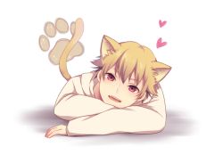 Rule 34 | 1boy, aged down, animal ears, blonde hair, blush, cat boy, cat ears, cat tail, child, child gilgamesh (fate), fangs, fate/hollow ataraxia, fate/stay night, fate (series), full body, gilgamesh (fate), heart, hood, hoodie, male focus, open mouth, paw print, red eyes, short hair, simple background, smile, solo, tail, tyatora55, white background