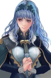 Rule 34 | 1girl, blue cape, blue dress, blue hair, blue hairband, brown eyes, cape, commentary, dress, fire emblem, fire emblem: three houses, fire emblem warriors, fire emblem warriors: three hopes, hairband, highres, jack (kairuhaido), lace hairband, lips, long hair, long sleeves, looking away, marianne von edmund, nintendo, official alternate hairstyle, own hands together, parted lips, pink lips, simple background, solo, teeth, upper body, wavy hair, white background