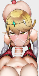 Rule 34 | 1futa, 1girl, :&gt;=, angry, ass, bakkanki, bar censor, blonde hair, breasts, censored, cum, dildo, elbow gloves, facial, fellatio, female pov, futa with female, futanari, futanari pov, gloves, hair between eyes, highres, large breasts, long hair, looking at viewer, looking up, mythra (xenoblade), navel, nipples, oral, penis, pov, pyra (xenoblade), red footwear, red thighhighs, selfcest, sex toy, sweatdrop, swept bangs, thighhighs, tiara, white background, white gloves, xenoblade chronicles (series), xenoblade chronicles 2, yellow eyes