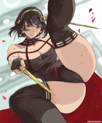 Rule 34 | 1girl, arachnart, ass, bare shoulders, black hair, breasts, closed mouth, dress, hair ornament, highres, large breasts, panties, red eyes, short hair, spy x family, tagme, thighhighs, underwear, yor briar