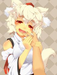 Rule 34 | 1 mutsuki, 1girl, animal ears, bare shoulders, blonde hair, breasts, detached sleeves, fangs, female focus, finger in another&#039;s mouth, hat, inubashiri momiji, open mouth, red eyes, short hair, solo, tail, tokin hat, touhou, upper body, white hair, wolf ears, wolf tail