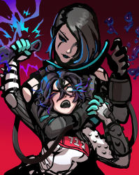 Rule 34 | 2girls, apex legends, black gloves, black hair, blue eyes, blue hair, bodysuit, breasts, catalyst (apex legends), choke hold, commentary, english commentary, floating hair, gloves, gradient background, hair between eyes, hair bun, hair over one eye, head tilt, highres, holding, holding knife, knife, kunai, looking down, looking up, medium breasts, multicolored hair, multiple girls, official alternate costume, one eye closed, one eye covered, open hand, peter chai, quarantine 722 wraith, solid eyes, strangling, streaked hair, weapon, white bodysuit, white eyes, white gloves, wraith&#039;s kunai, wraith (apex legends)