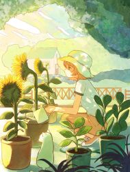 Rule 34 | 1girl, animal, brown eyes, brown hair, brown pants, cat, commentary, day, expressionless, flower, from side, full body, hat, highres, holding, holding watering can, house, leaf, looking ahead, onoyama (machikz1), orange footwear, original, outdoors, pants, plant, potted plant, profile, scenery, shirt, shoes, short hair, short sleeves, sneakers, solo, squatting, sun hat, sunflower, watering can, white cat, white headwear, white shirt, yellow flower