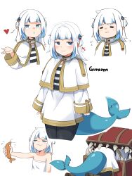 Rule 34 | 1girl, :3, = =, absurdres, blue hair, blunt bangs, capelet, commentary, cosplay, cropped legs, cropped torso, dress, ebi-chan (gawr gura), english commentary, fins, fish tail, frieren, frieren (cosplay), gawr gura, gold trim, hair ornament, heart, highres, hololive, hololive english, jitome, long sleeves, looking at viewer, meme, mimic, mimic chest, multicolored hair, multiple views, o3o, shark girl, shark hair ornament, shark tail, sharp teeth, skkazu1, sousou no frieren, streaked hair, tail, teeth, two side up, virtual youtuber, white capelet, white dress, white hair, you can just give this kind of thing to men and they will be thrilled (meme)