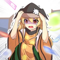 Rule 34 | 1girl, amulet, arms up, bandaid, black hat, blonde hair, brown hat, cape, constellation, constellation print, danmaku, detached sleeves, door, eyes visible through hair, green skirt, hair between eyes, hands on headwear, hands up, hat, highres, long hair, long sleeves, looking to the side, matara okina, open mouth, orange cape, orange sleeves, red eyes, shaded face, shirt, sitting, skirt, solo, touhou, white background, white shirt, wide sleeves, yu cha