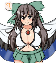 Rule 34 | 1girl, ?, arms behind back, bird wings, blush, bow, breasts, brown eyes, brown hair, c:, cape, cleavage, collarbone, curvy, covered erect nipples, hair bow, huge breasts, large bow, large breasts, long hair, looking at viewer, microskirt, midriff, miniskirt, moyashi udon, navel, reiuji utsuho, skirt, smile, solo, spoken question mark, third eye, toned, touhou, wide hips, wings
