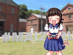 Rule 34 | 1girl, blue skirt, blue sky, building, dated, day, disposable camera, facing viewer, feet out of frame, fubuki (kancolle), hair wagging, kantai collection, kutone shirika, leaning forward, maizuru (city), medium hair, official alternate costume, open mouth, outdoors, pleated skirt, power lines, puffy short sleeves, puffy sleeves, shirt, short ponytail, short sleeves, skirt, sky, smile, solo, twitter username, utility pole, white shirt